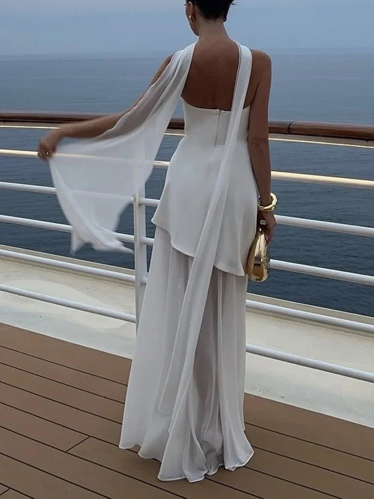 Fashion Elegant Solid Strapless Chiffon Maxi Women Evening Dress Halter Neck Party Gown Chic Vacation Sleeveless Long Dresses