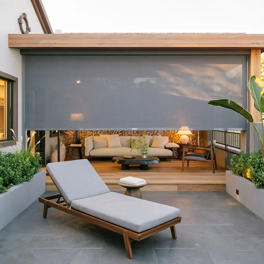 Windproof Zip Motorized Blinds. Outdoor PVC roller shade. Electric sun shading for terrace. Waterproof & UV resistant. Remote in