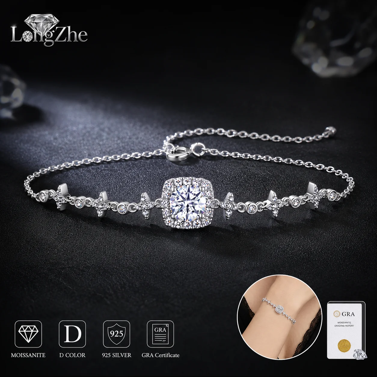 

Moissanite Bracelet for Women S925 Sterling Silver 1CT Round Cut Cushion Halo Bow Link Chain Daily Wear Anniversary Gift