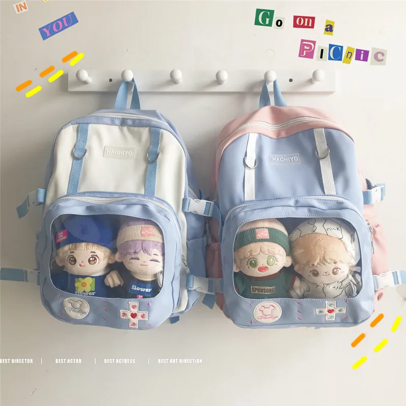 New Transparent Cotton Doll Bag Backpack Japanese Style Casual Contrast Color Go Out Large-Capacity School Bag