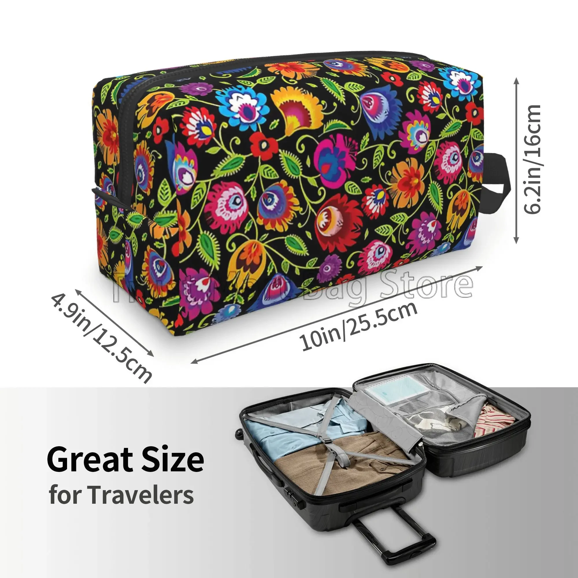 Poland Polish Flowers Floral Folk Art Travel Storage Bags Vintage Makeup Pouch Large Cosmetic Bag Women Portable Toiletry Bag