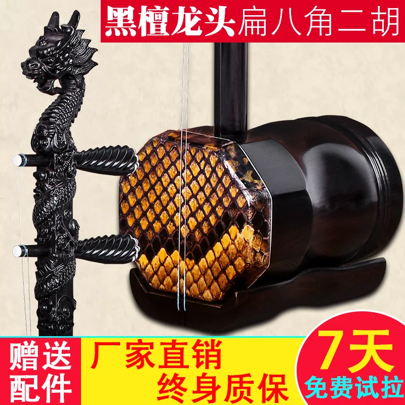 

Black Sandalwood Dragon Head Erhu, Flat Octagonal Erhu, Musical Instrument Grading Erheen with Bow Case Two Strings Violin