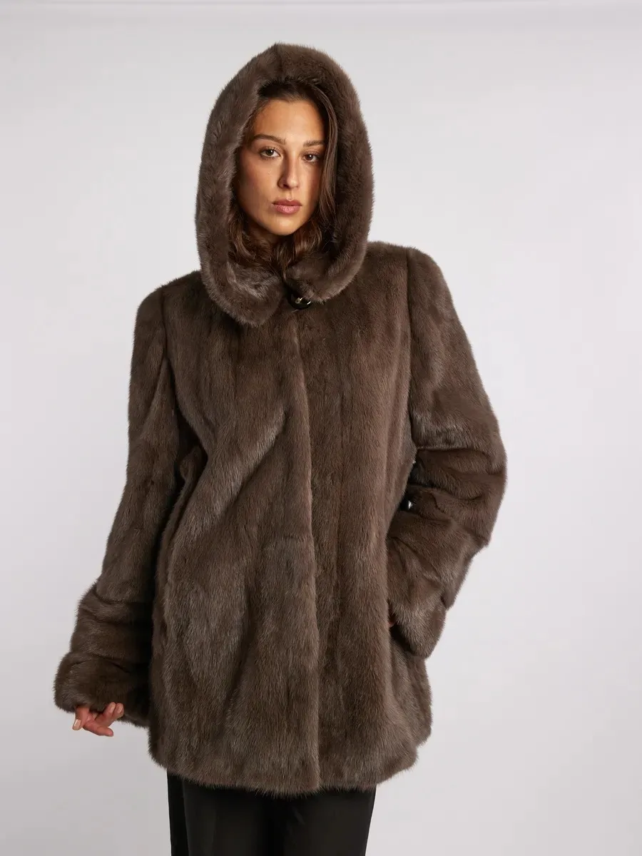 IG Women Brown Hooded Single Button Mid-Length Faux Fur Coat, Side Pockets, Winter Warm Vintage Elegant Commute Outerwear
