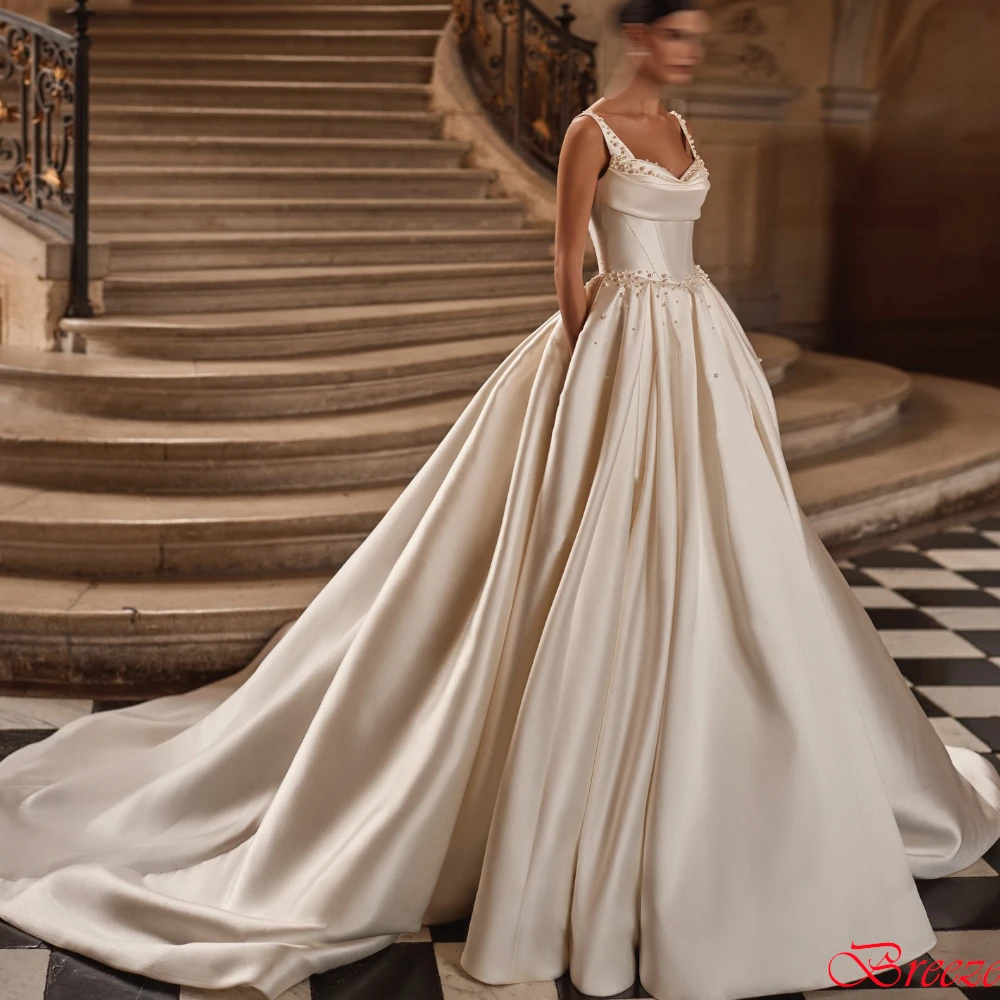 

Customized Romantic Ivory Satin Wedding Dress with Pearls Elegant Sweetheart 2025Vestido De Novia Formal A-Line Bridal Gowns