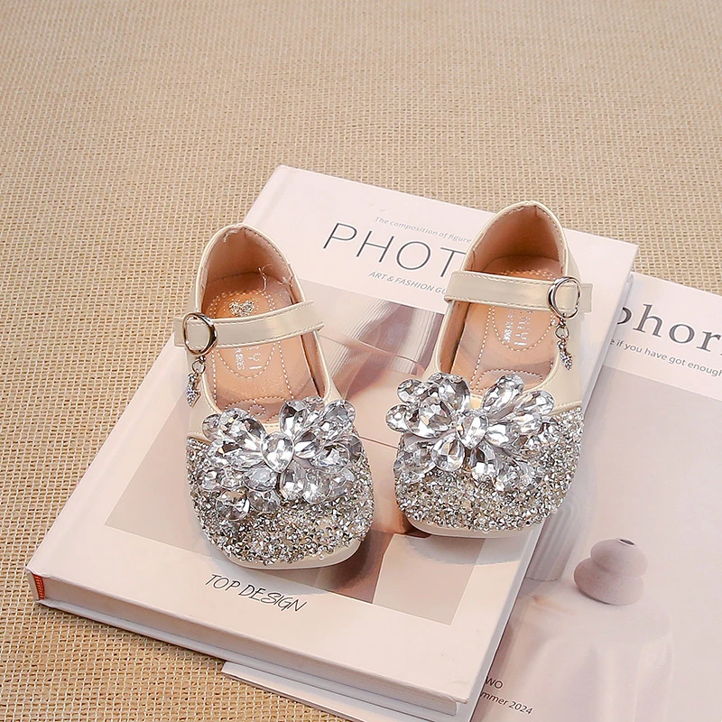 Silver/beige Girls Leather Shoes with Glitter Rhinestone Bow Outdoor Spring Autumn PU Princess Leather Shoes Sandalias De Mujer