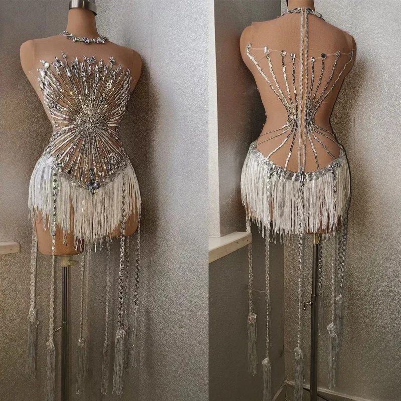 Strass argento Frange Body Maglia sexy Paillettes Vestito Donna Nightclub Party Gogo Ballerino Indossare Drag Queen Costume XS5988