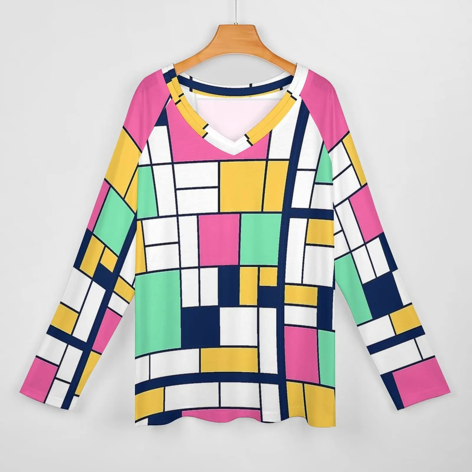 Easter Mondrian  Print T Shirt  Elegant Long Sleeve T-Shirts Ladies V Neck Street Style Tee Shirt Oversize Design Clothes