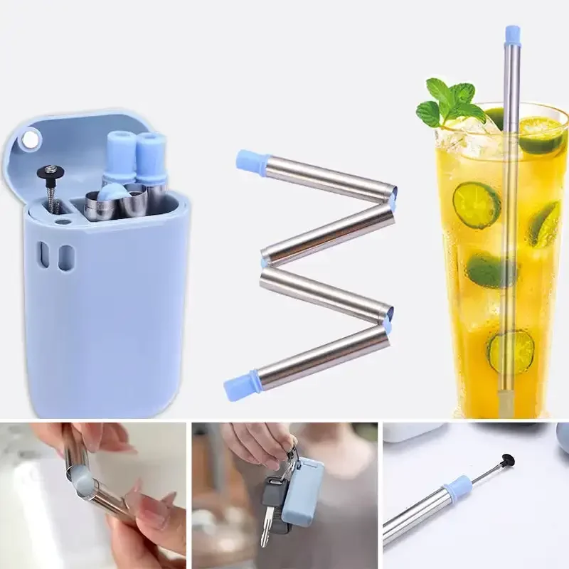 304 Stainless Steel Straws Folding Straw Easy To Clean Reusable Edible Silicon Portable Collapsible Straw Metal Straws