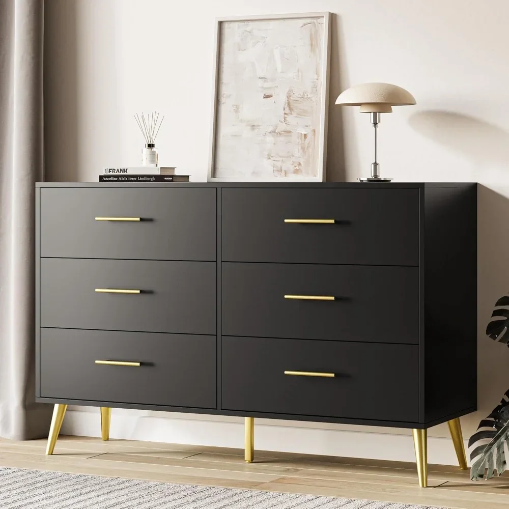 

Black Dresser for Bedroom, 6 Drawer Dresser with Gold Metal Handles & Metal Legs, Wood Chests of Drawers for Bedroom
