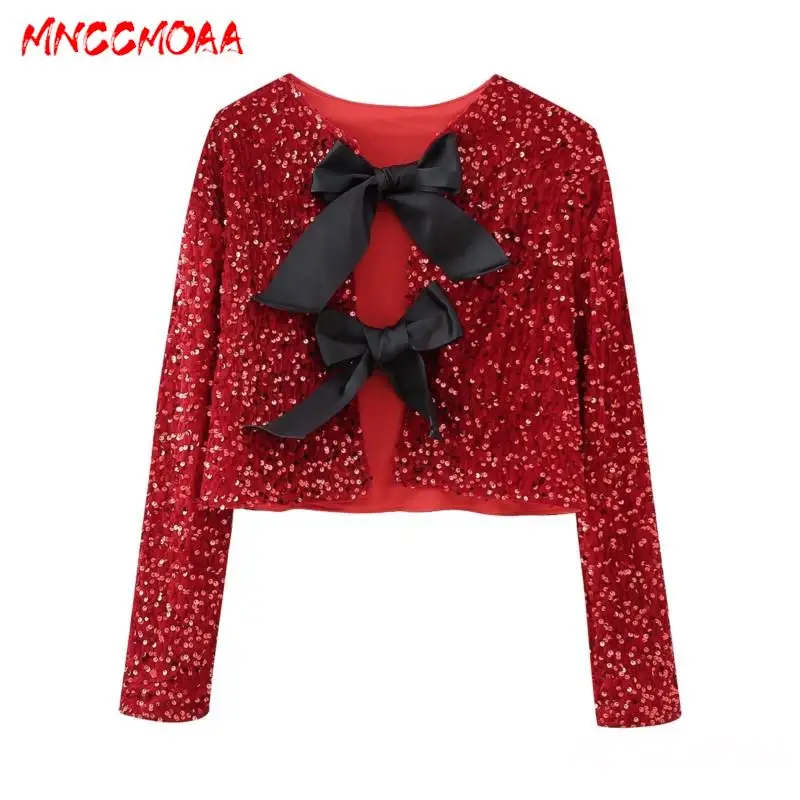 MNCCMOAA-Women's Short Jacket, Female Cardigan, Red Sequins Tops, Bow Patchwork, Spring Coat, Autumn Fashion, Y2K, 2024