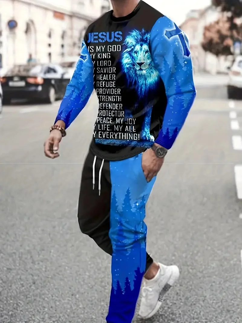 

Men's suit sportswear hope Lion 3D printed long sleeved T-shirt fashion men's pullover casual sports pants set
