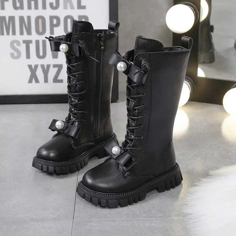 Kids Stylish Fleece-Lined Long Boots Girls Fleece High-Top Snow Boots Student Performance Warm Runway Shoes Casual Children