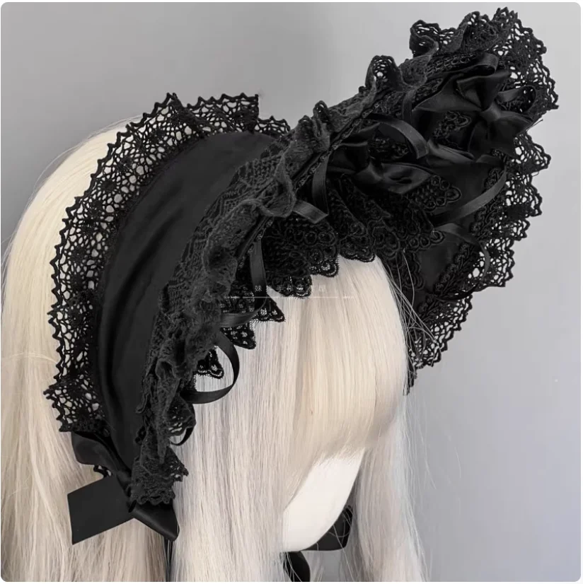2025 Original Handmade Lolita Black Lace Bonnet Darkly Gothic Style Bnt Vintage Princess Sun Hat Woman Soft Wire Brim Headwear