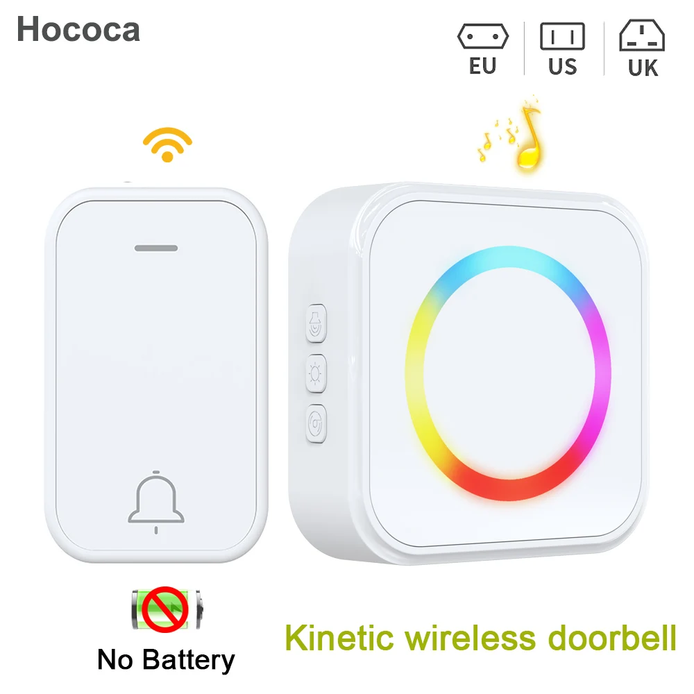 No Battery Required Kinetic Wireless Doorbell Waterproof US EU UK Plug Multi-Mode Colorful Flashing Self-Powered  Door Bell