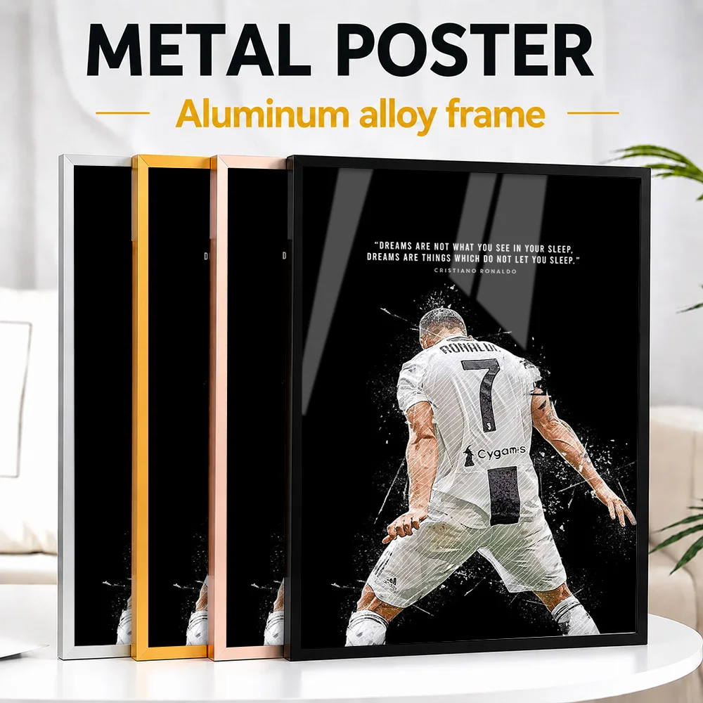 Ronaldo Football Action Quote Framed Aluminum Metal Poster Personalized Photographic Wall Art For Clubhouse, Soccer Fan Gift