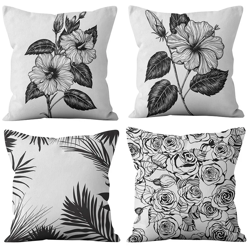 

Black & White Flower Pillowcase Home Sofa Cushion Cover for Office Car