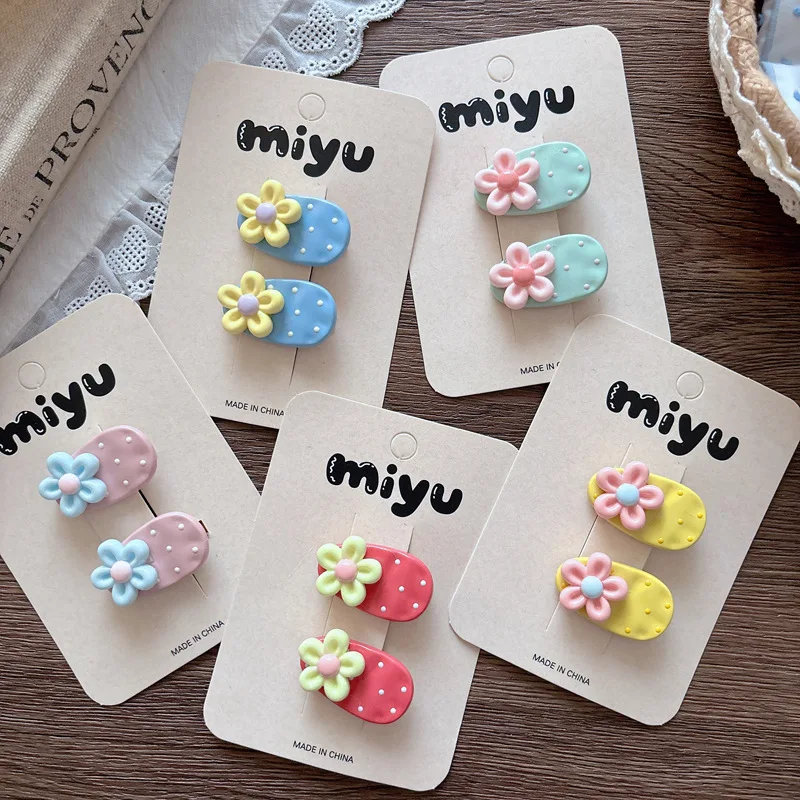 2pcs Cream Flower Hairpin Girl Polka Dot Hair Clips Cute Barrettes Bangs Side Clip Hairpin BB Clip Kids Hair Accessories