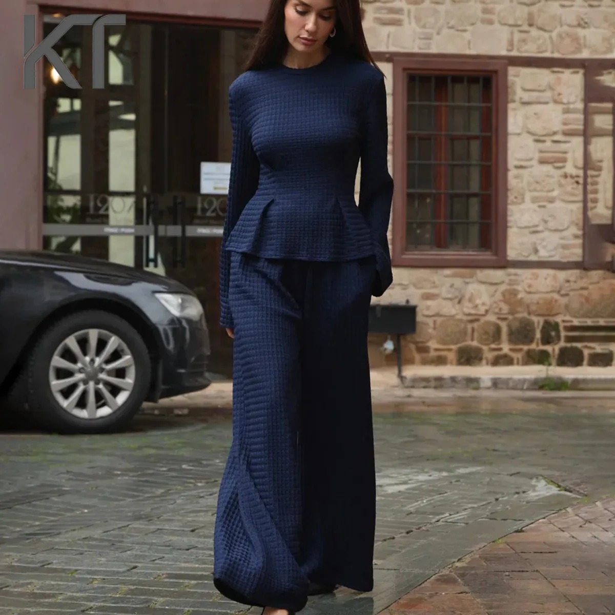 

KT Elegant Navy Waffle Knit Two-Piece Set for Women, Peplum Top & Wide Leg Pants, Formal & Office Wear