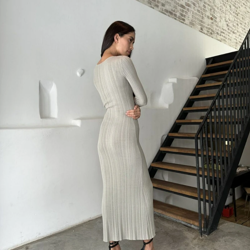 Autumn Casual Knitted Ribbed Bodycon Simple Long Solid Color Sleeve Pencil  Women\'s Dress Vintage Sexy  Maxi Dresses for Women