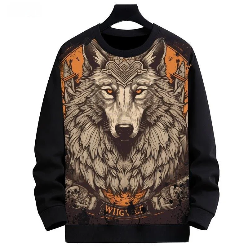 

New Black Wolf Pattern round Neck Sweatshirt Digital Printing Men's Jacket Comfortable Polyester Fiber Winter Warm Hoodie