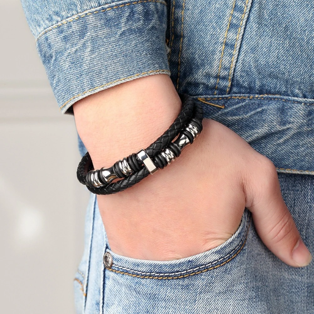 Männer Zweireihige Gewebte Leder Armbänder Armband Edelstahl Glück Perlen Armband Mode Schmuck Zubehör – Detail 3
