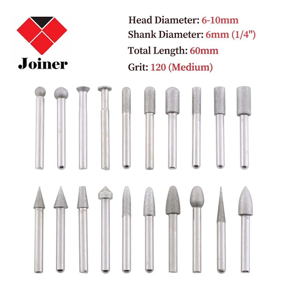 

Набор из 20 гальванизированных алмазных шлифовальных насадок с хвостовиком 6 мм, роторные фрезы для гравировки, зернистость 120, инструменты для обработки драгоценных камней