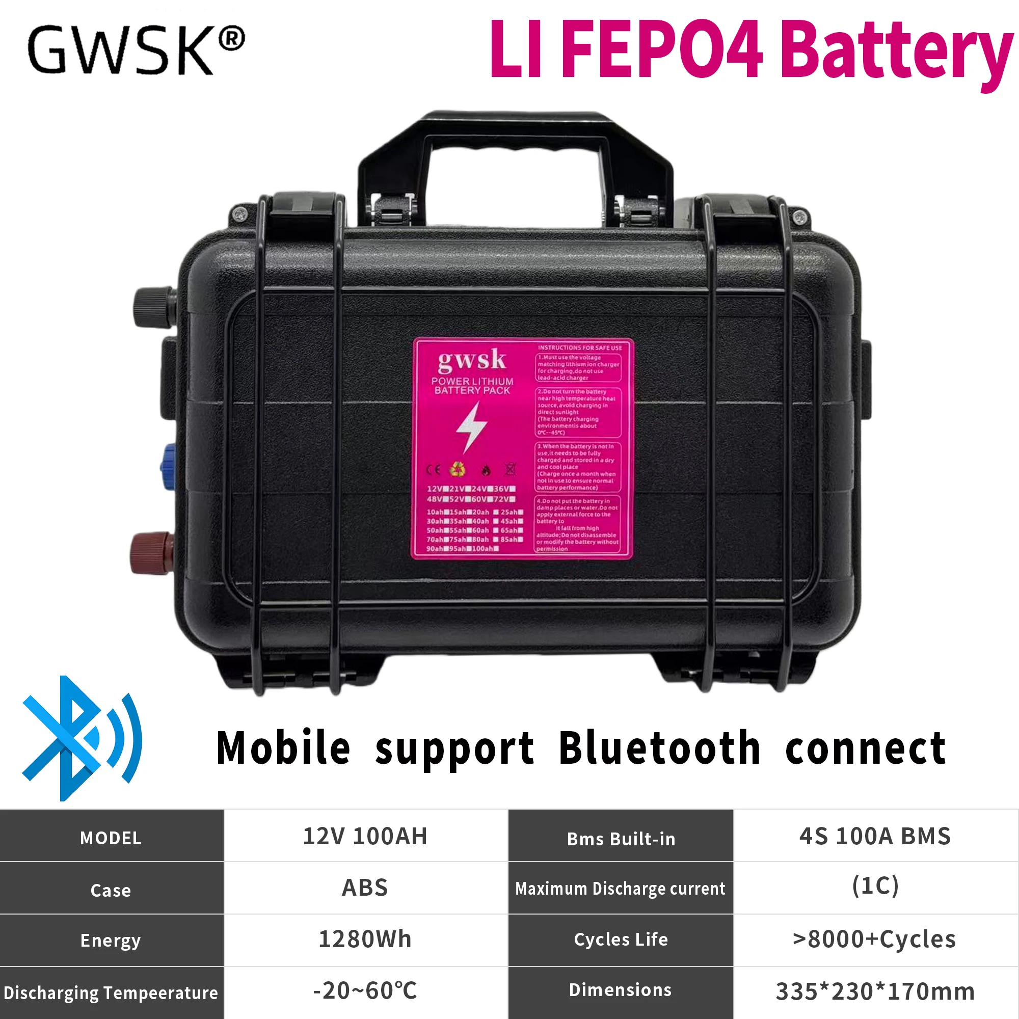 

GWSK12V lithium iron phosphate battery with Bluetooth board, can be connected to Bluetooth, 100AH built-in BMS, power display