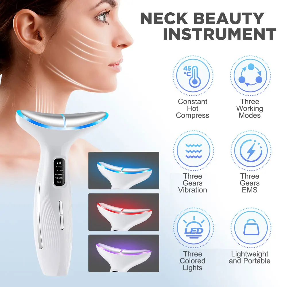 3 Modi Neck Beauty Device EMS LED Lights 45 ℃   Heiße Kompresse Kinnstraffung Straffende Straffung Frauen Elektrische Gesichtspflegewerkzeuge