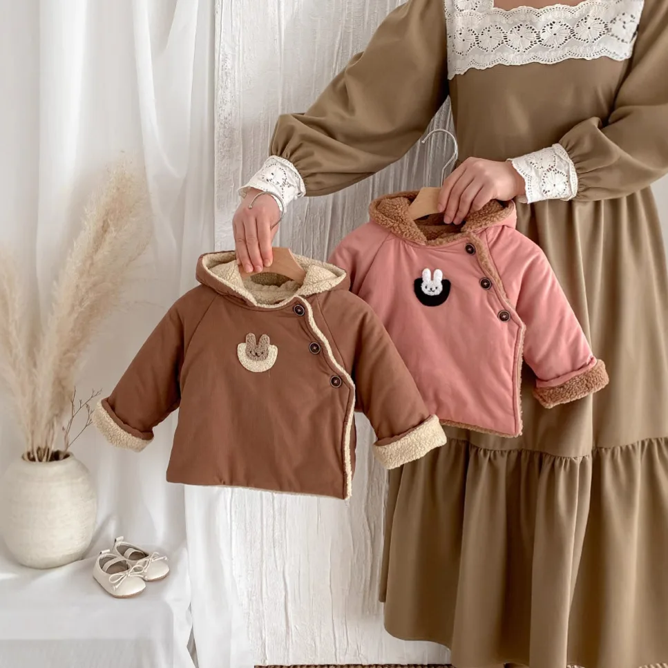 Baby Winter Hooded Coat Toddler Fleece Lined Thick Cotton Jacket Infant Asymmetric Button Warm Outerwear Kids Rabbit Patch Tops