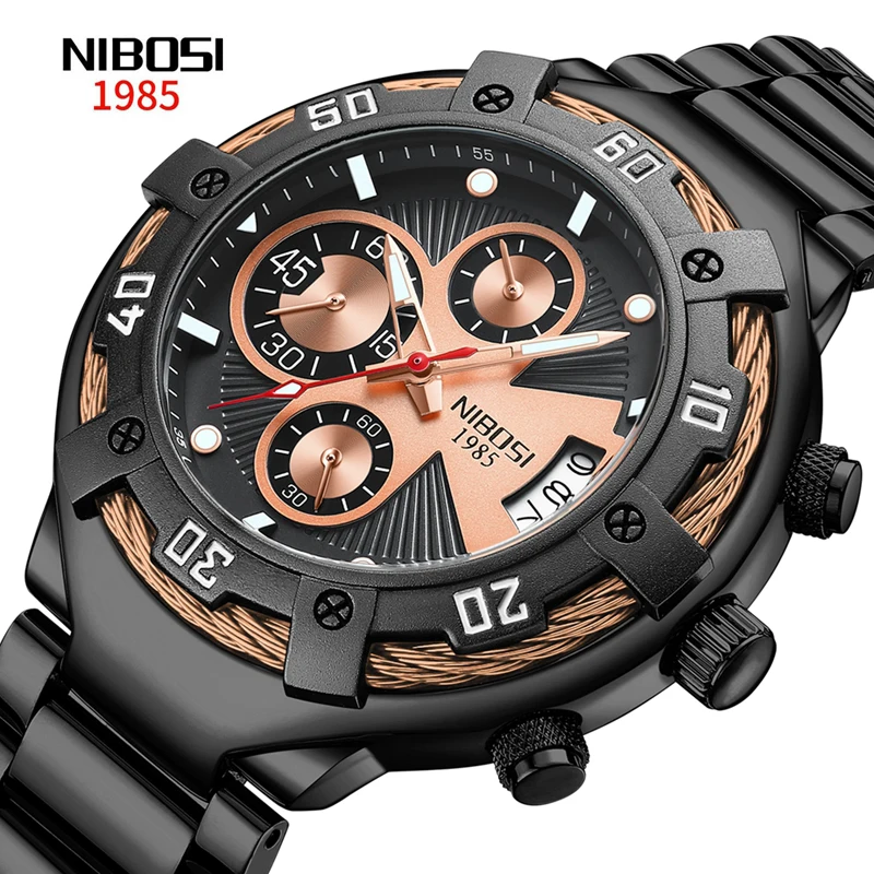 

NIBOSI Big Dial Sport Chronograph Quartz Watch Men Waterproof Fashion Luminous Stainless Steel Men Wristwatch Relogio Masculino