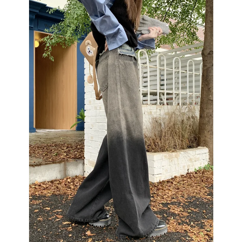 Women Grey Jeans Cargo Pants Streetwear High Waist American Wide Leg Pants Fashion Y2K Style Female Winter Straight Trousers