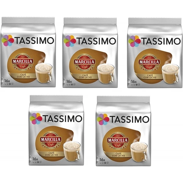 Tassimo Marcilla Cafe con leche Cápsulas - Pack 5 paquetes (80 cápsulas)
