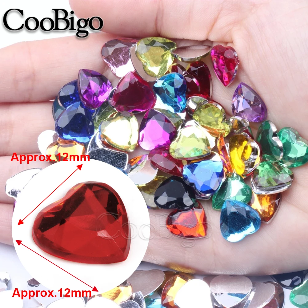 50pcs Heart Beads Glass Gems Charm Crystals Flat Back Rhinestones for Jeweley Making DIY Crafts Accessories Acrylic Glue On 12mm