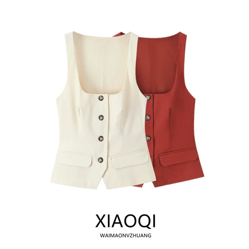 Printemps 2025 femmes Faion col carré Svel irt polyvalent bouton décoration Ele haut nouveauté