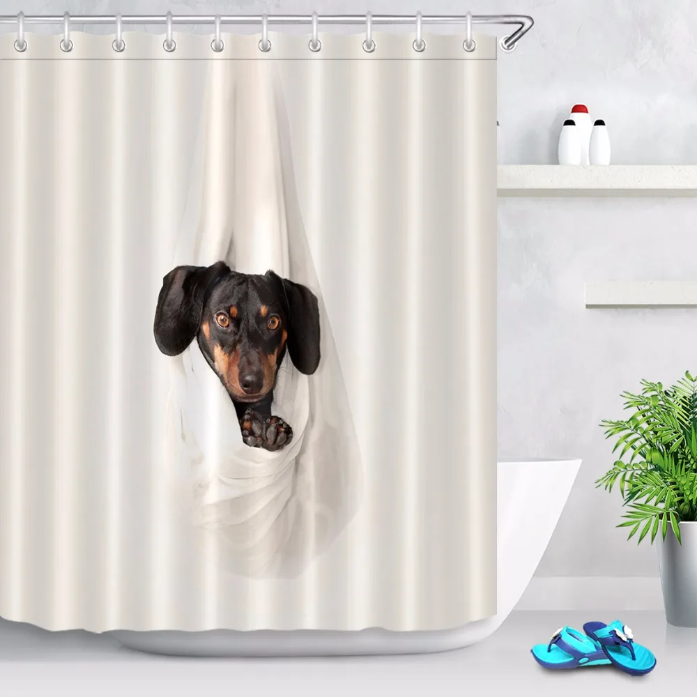 Funny Dog Yoga Elastic Shower Curtain   Extra Long Waterproof Polyester Fabric Bathtub Decoration Free Hook