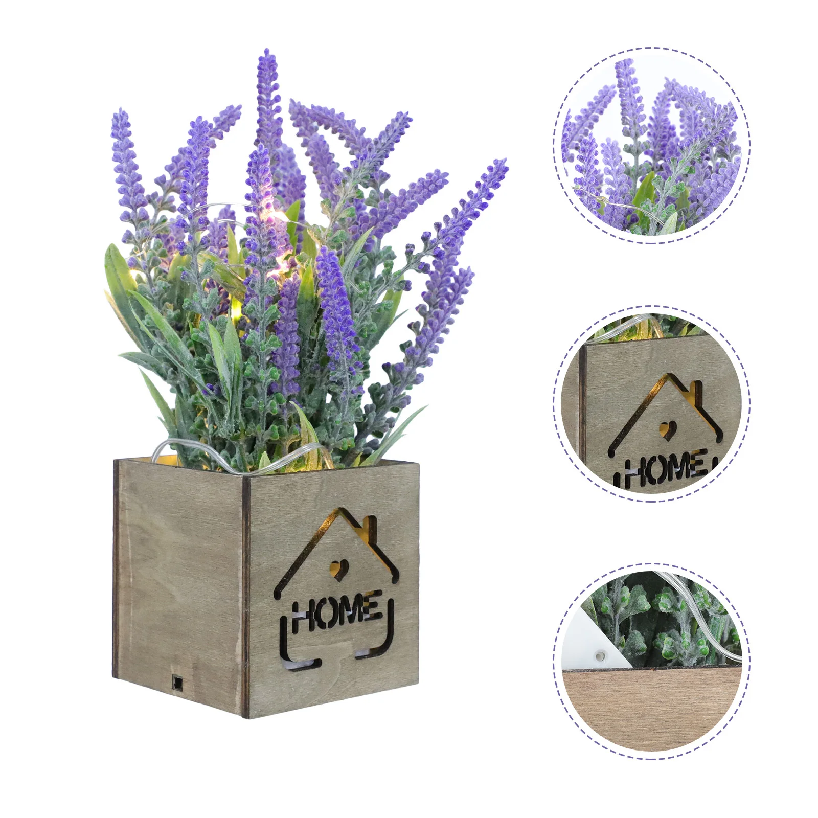 

1Pcs Luminous Wood Box Simulation Lavender Bonsai Artificial Desktop Plant Decor LED Night Light Home Office Decoration