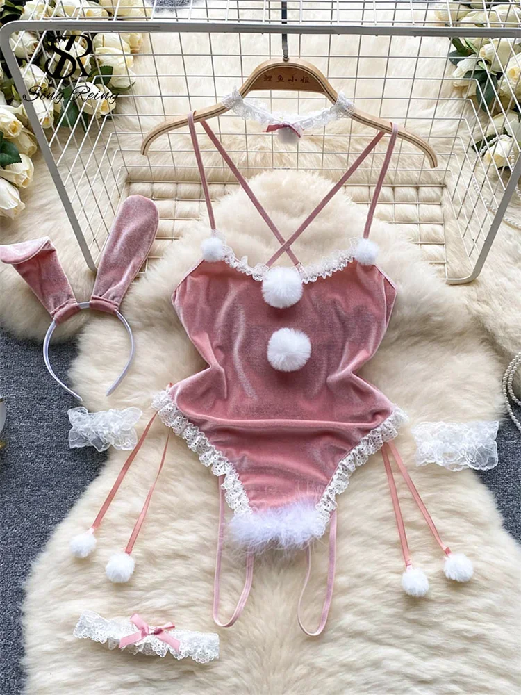 

SINGREINY Ruffles Sexy Lace Playsuits Women Sweet Cosplay Velvet Sensual Nightwear 2024 Backless Erotic Lingerie Bodysuits