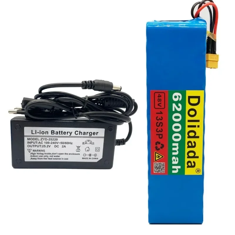 62Ah 48V 13S3P Rechargeable Li-ion  Battery Pack for Electric Bicycle Scooter with Built-in BMS XT60 Plug with 54.6V 2A Charger