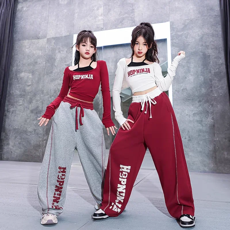 Costumi di danza Hip Hop per ragazze Top corto a maniche lunghe per bambini Pantaloni larghi Completi di vestiti per spettacoli di danza jazz moderna per bambini