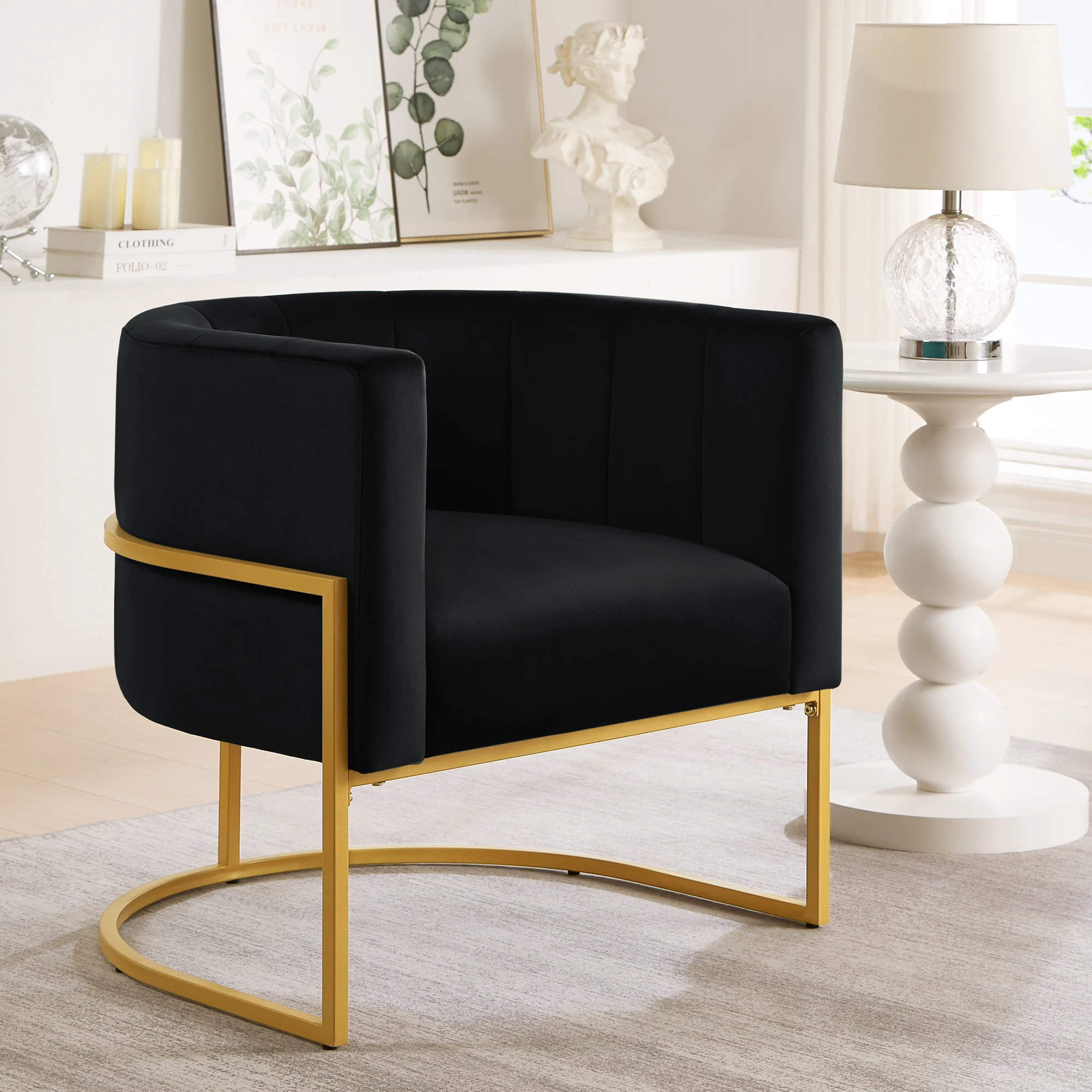 Upholstered Chair with Gold Metal Frame Easy To Install Mid Century Living Room Lounge Chair with Curved Backrest - Black