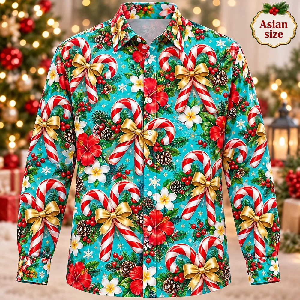 2026 Christmas Candy Cane Wonderland Long Sleeve Button Down Shirt for Men 3D Print Polyester Holiday Party Winter Top Shirts