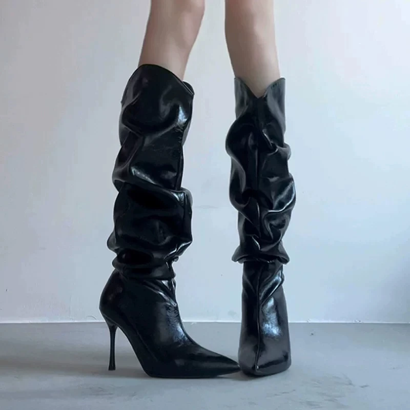 Pointed Toe Stiletto High Boots Women's 2026 Autumn New Pleated Pile Small Heels
