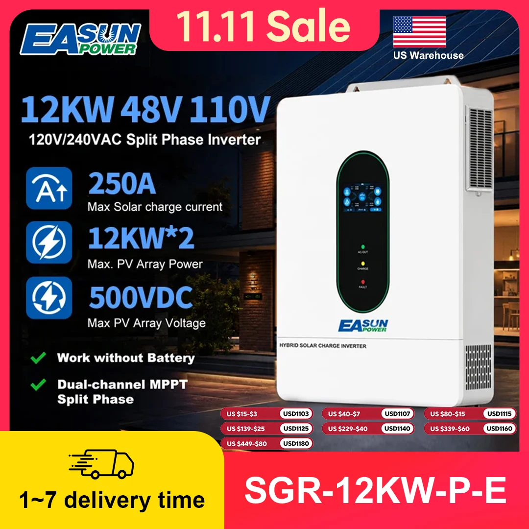 EASUN POWER 12KW Split Phase Inverter 110V 12KW Hybrid Solar Inverter 250A MPPT Paralleled With CT Protection Function Solar Controller Inversores 48V Solar Inverter