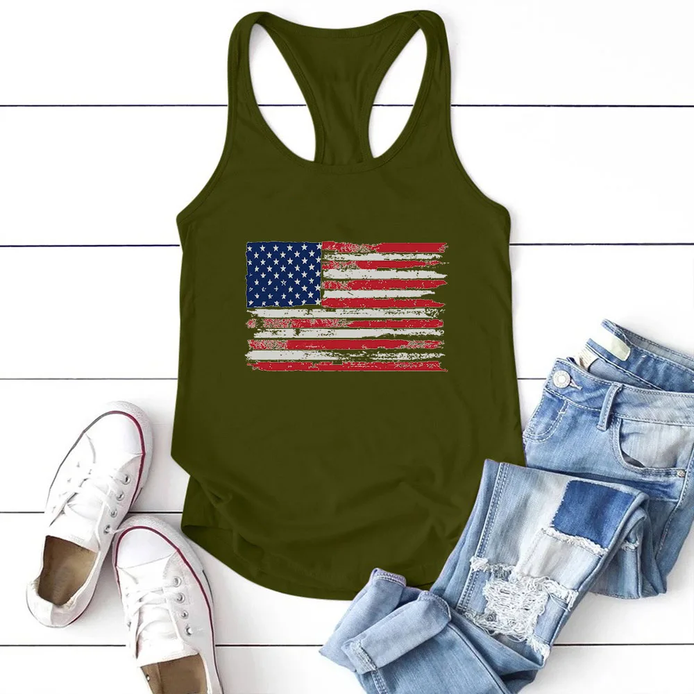 Seeyoushy American Flag Print Summer Casual Fashion Women\'s Tank Top Printed Vest Women\'s Crewneck Sleeveless Shirt Top Mujer