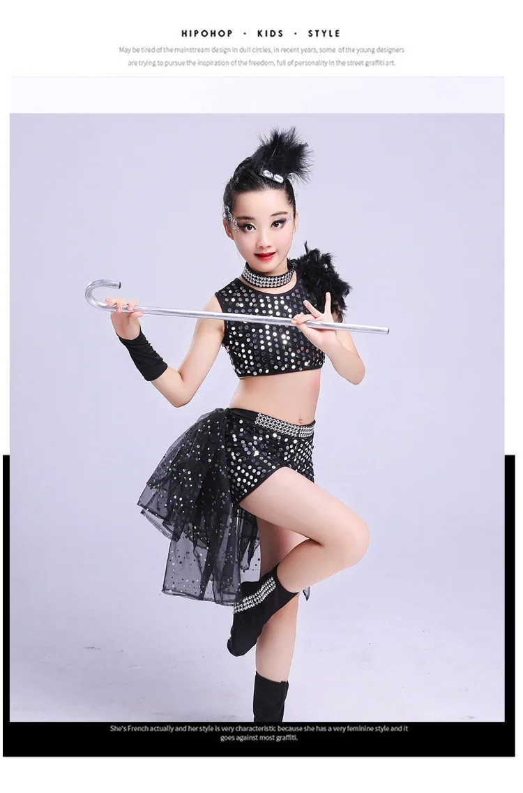 Girl Jazz Dance Costumes for Girls Stage Dance Show Clothing Kid Hip Hop Set Children Sequins Dancing Suit Red Black