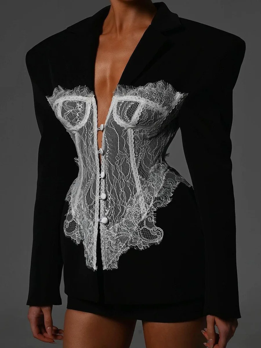

Sexy V Neck Long Sleeve Lace Patchwork Slim Blazer Women Black Khaki Single Breasted Coat Jacket Elegant Evening Cocktail Club