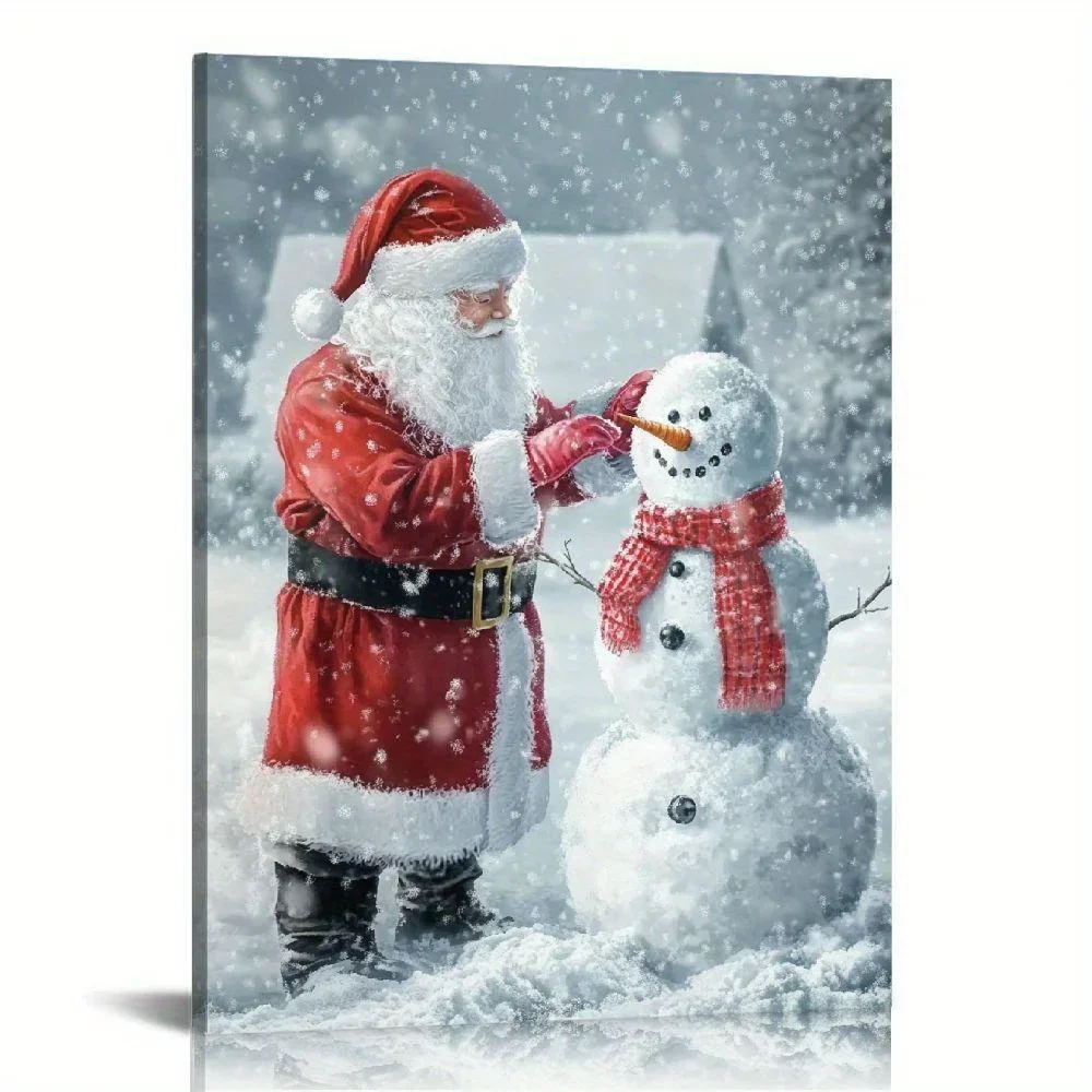 1PC Christmas Snow Poster Father Christmas and Snowman Canvas Wall Decoration Applicable Living Room Dining Room Framed