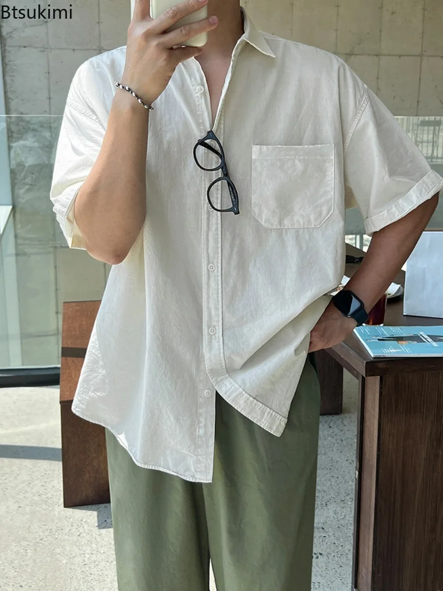 

2026 New Men's Fashion Solid Color Pocket Shirt Summer Loose Thin Casual Shirts Male Korean Trend Lapel Half Sleeve Blouses