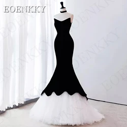 Saudi Arabic Women Mermaid Evening Dress Black And White Strapless Velour Formal Occasion Dresses Sleeveless vestido de noche