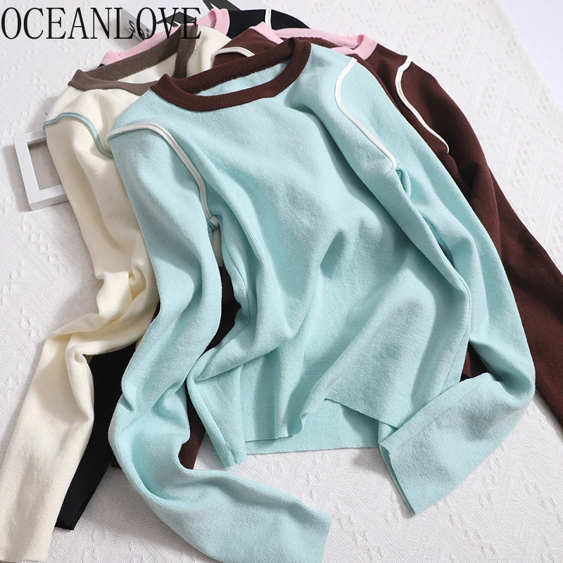 OCEANLOVE Contrast Color Women Sweaters Autumn Winter O Neck Basics Short Pullovers Korean Fashion Vintage Slim Pull Femme